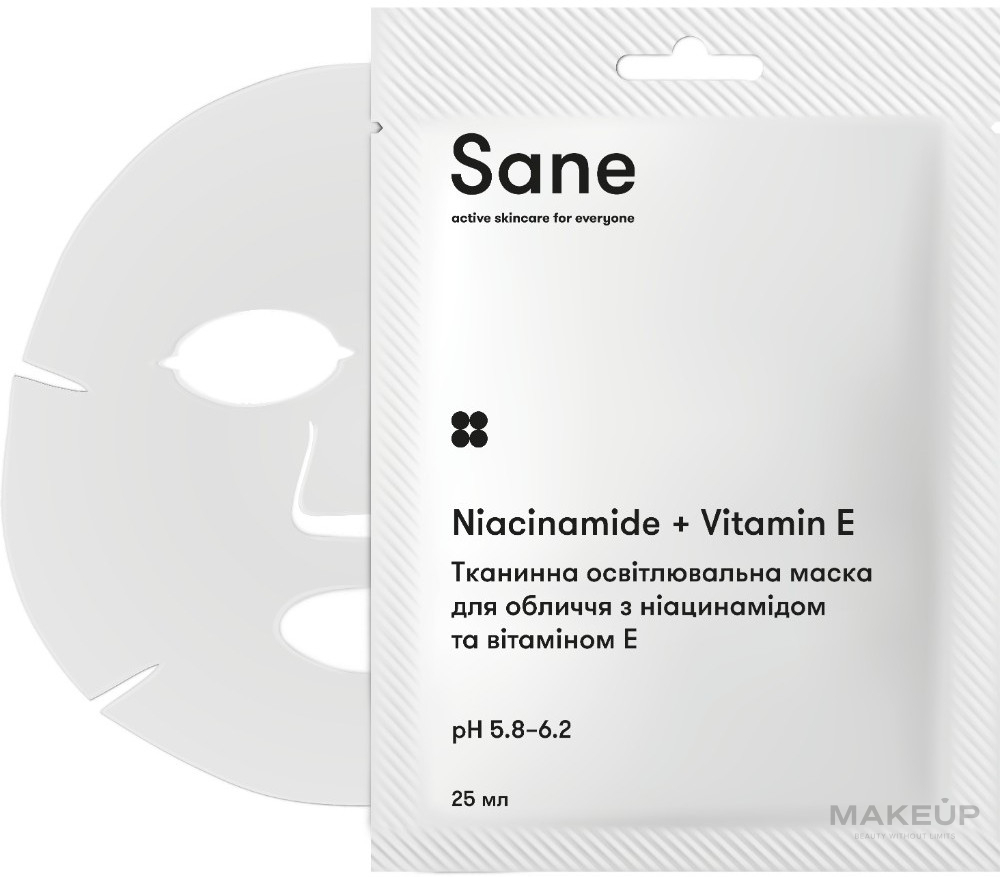 Тканевая осветляющая маска для лица с ниацинамидом и витамином Е - Sane Niacinamide + Vitamin E — фото 25ml