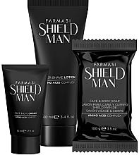 Духи, Парфюмерия, косметика Мужской набор - Farmasi Shield Man Amino Acid (ash/balm/100ml + soap/100g + cr/eye/cr50ml)