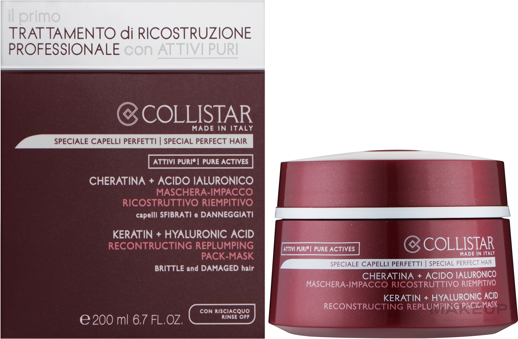 Восстанавливающая маска для волос - Collistar Pure Actives Keratin + Hyaluronic Acid Reconstructive Replumping Mask — фото 200ml