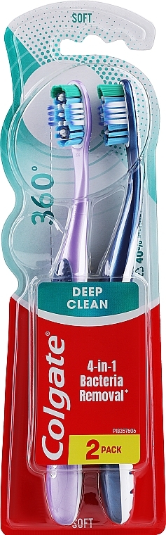 Зубные щетки «Суперчистота», мягкая, сиреневая + темно-синяя - Colgate 360 Whole Mouth Clean Soft — фото N1