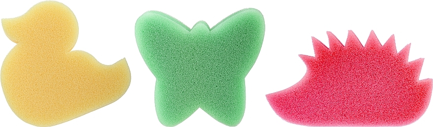 Набор детских губок для ванны, 3 шт., оранжевая уточка + зеленая бабочка + розовый ежик - Ewimark — фото N1