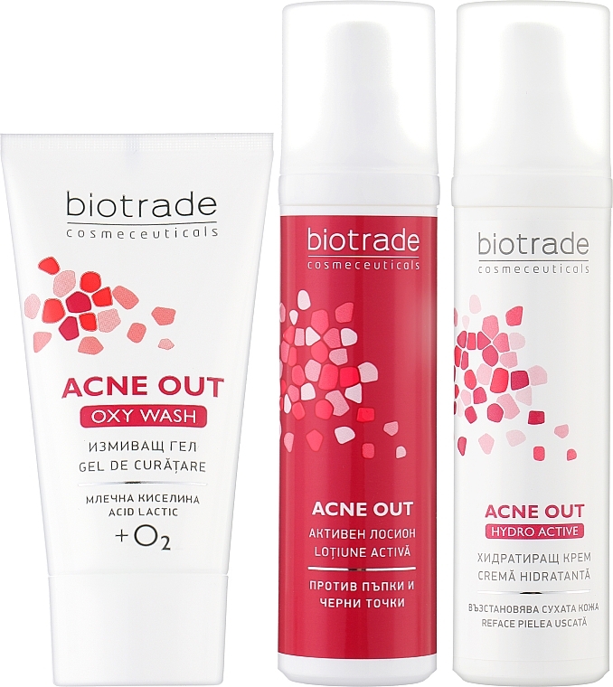 Набір "Три кроки проти прищів. Це працює" - Biotrade Acne Out (gel/50ml + lotion/60ml + cr/60ml) — фото N2