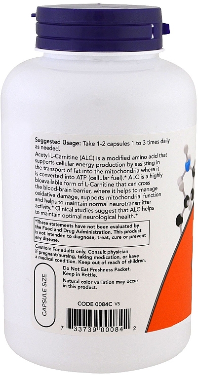Пищевая добавка "Карнитин", капсулы, 500 мг - Now Foods Acetyl-L-Carnitine — фото N3