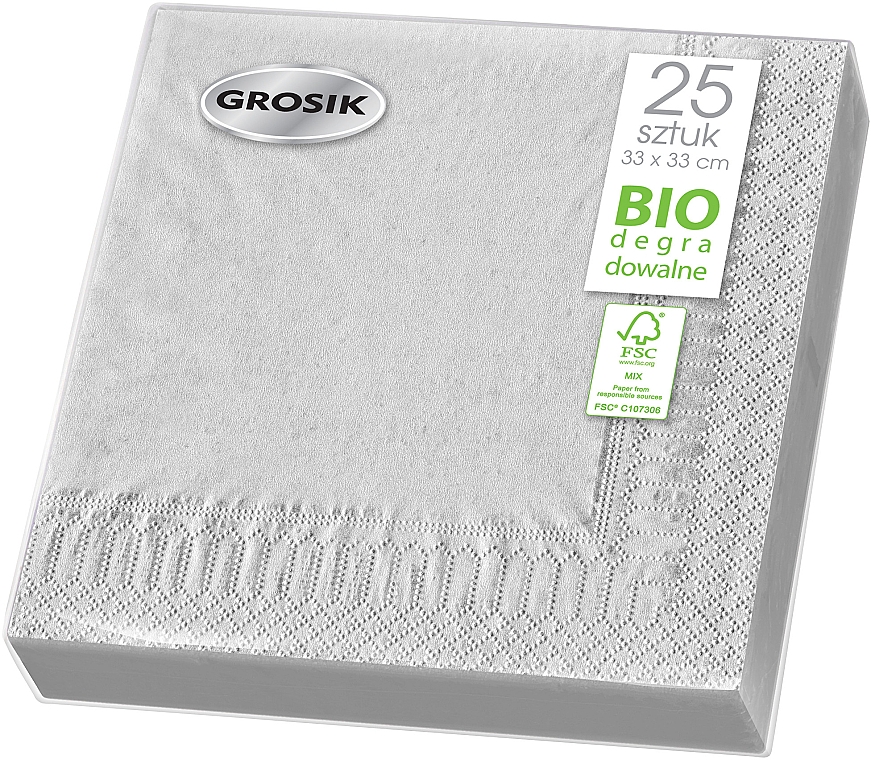 Серветки паперові двошарові, з тисненням, 33x33 см, сріблясті, 25 шт. - Grosik — фото N1