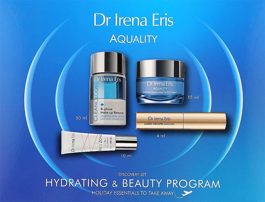 Подарочный набор с миниатюрами - Dr Irena Eris Aquality Hydrating & Beauty Program (cr/15ml + mascara/4ml + cr/10ml + remover/50ml) — фото N1