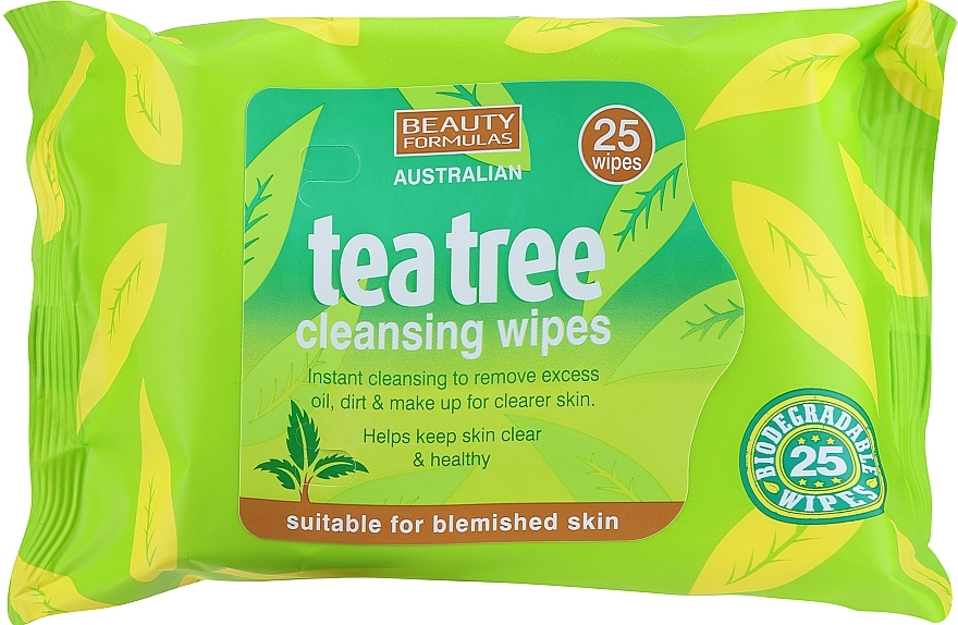 Очищувальні серветки для обличчя, 25 шт - Beauty Formulas Tea Tree Cleansing Wipes — фото N1