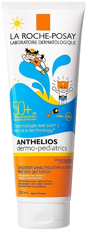 Сонцезахисний водостійкий гель з технологією нанесення на вологу шкіру для чутливої шкіри дітей, дуже високий ступінь захисту SPF50+ - La Roche-Posay Anthelios Dermo-Pediatrcis Wet Skin Lotion SPF 50+ — фото N1