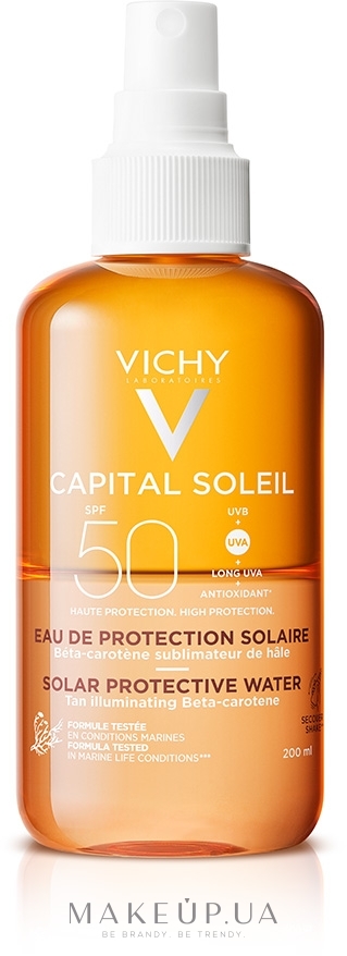 Солнцезащитный водный двухфазный спрей для лица и тела с бета-каротином, усиливающим загар, SPF50 - Vichy Capital Soleil Solar Protective Water — фото 200ml