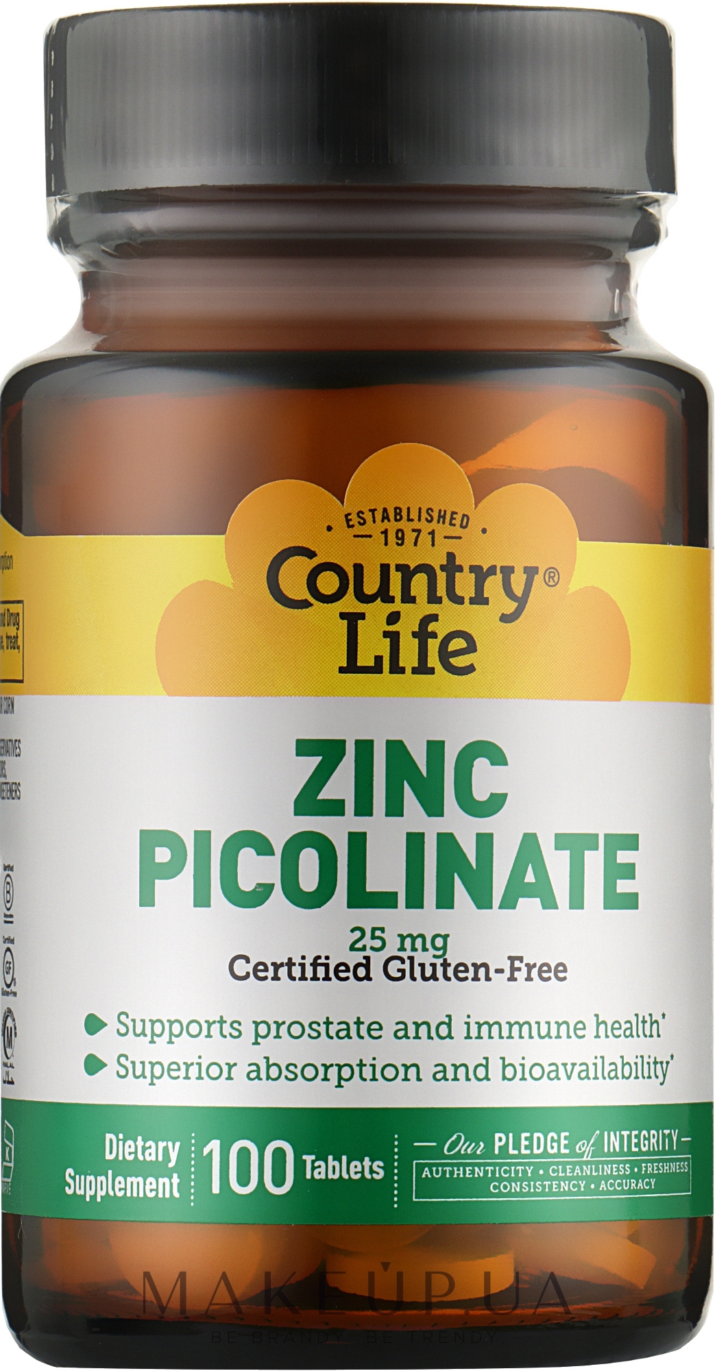 Піколинат цинку, 25 мг - Country Life Zinc Picolinate — фото 100шт