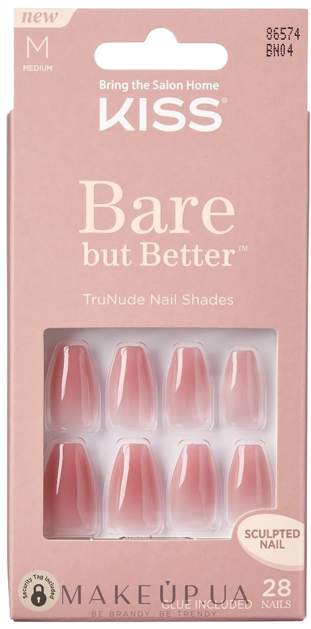 Набір накладних нігтів з клеєм, середні - Kiss Bare But Better Nails Nude Nude — фото 28шт