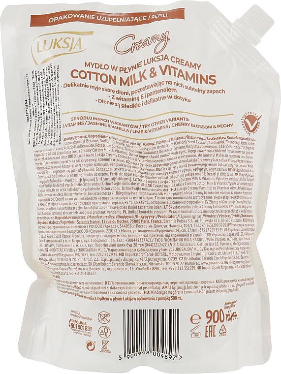 Жидкое крем-мыло с ухаживающим комплексом - Luksja Creamy Cotton Milk & Vitamins Caring Hand Wash (дой-пак) — фото N4