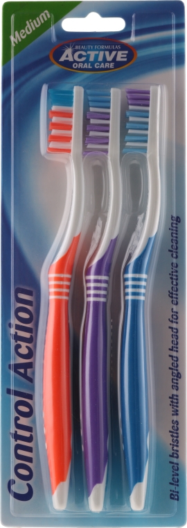 Набір зубних щіток середньої жорсткості, помаранчева + фіолетова + блакитна - Beauty Formulas Control Action Toothbrush — фото N1