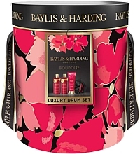 Набор - Baylis & Harding Boudoire Cherry Blossom Luxury Pamper Drum Gift Set (b/bubble/300ml + sh/cr/300ml + lot/200ml + polisher/1pc) — фото N1