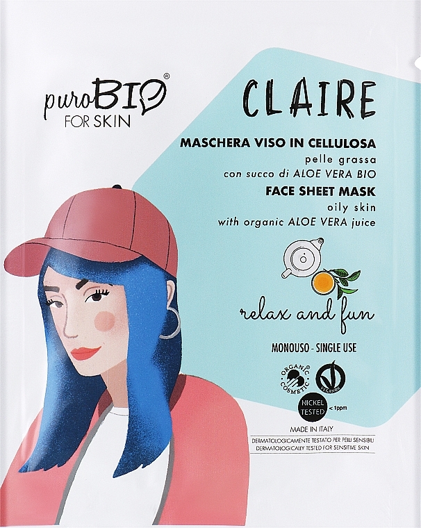 Тканинна маска для обличчя для жирної шкіри "Відпочинок і розваги" - PuroBio Cosmetics Claire Face Sheet Mask For Oily Skin Relax And Fun — фото N1