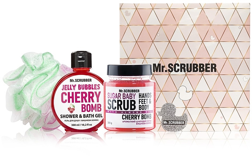 Набор - Mr.Scrubber "Cherry Bomb" (body/scr/300 g + sh/gel/275 ml + sh/sponge)
