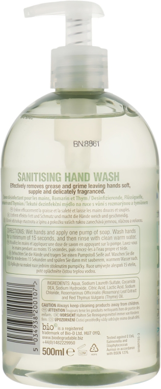 Дезінфікувальне рідке мило для рук "Розмарин і чебрець" - Bio-D Rosemary & Thyme Sanitising Hand Wash — фото N2