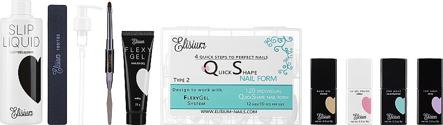 Набор - Elisium ( bond/primer/9g + base/gel/9g + top/coat/9g + nail/gel/25g + liquid/flexy/gel/300ml + nailfile + gel/brush + gel/polish/9g + tips2) — фото N1