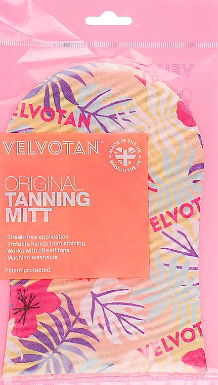 Аппликатор-рукавица для автозагара, желто-оранжевая с изображением тропических листьев - Velvotan The Original Tanning Mitt