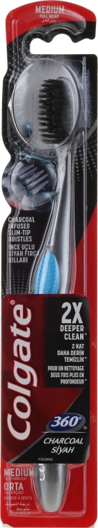 Зубна щітка середньої жорсткості, чорно-блакитна - Colgate 360 Charcoal Infused Toothbrush Medium Bristles