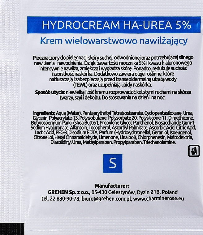 Увлажняющий многослойный гидрокрем для лица - Charmine Rose Hydrocream Ha-Urea 5% (пробник) — фото N2