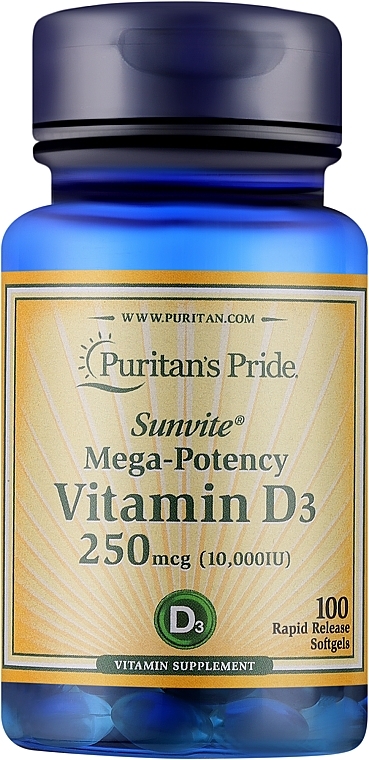 Пищевая добавка "Витамин D3" - Puritan's Pride Vitamin D3 250mcg (10000 IU) Mega-Potency — фото N1