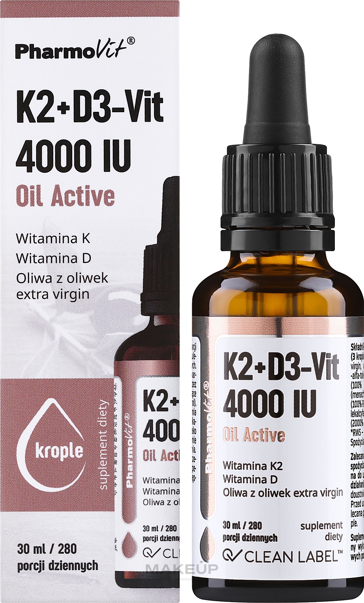 Олійний вітамін K2 + D3  - Pharmovit Clean Label K2 + D3-Vit 4000 IU Oil Active — фото 30ml