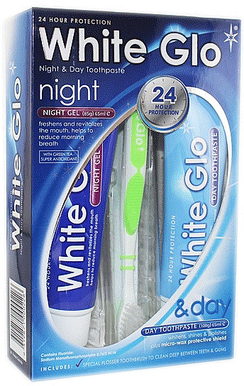 Набор с зеленой зубной щеткой - White Glo Night & Day Toothpaste (t/paste/65ml + t/gel/65ml + toothbrush) — фото N1