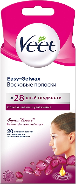Восковые полоски Veet Easy-Gelwax для чувствительных участков тела (лицо), бархатная роза и эфирные масла, 20 шт - Veet Easy-Gelwax 
