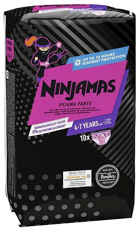 Підгузки-трусики Ninjamas Pyjama Girl Pants, 4-7 років (17-30 кг), 10 шт. - Pampers — фото N1