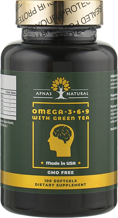Харчова добавка "Омега-3-6-9 із зеленим чаєм" капс. №100 - Apnas Natural Omega-3-6-9 With Green Tea — фото N1