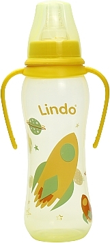 Бутылочка для кормления изогнутая с силиконовой соской и ручками, 250 мл, желтая - Lindo Li 135 — фото N1