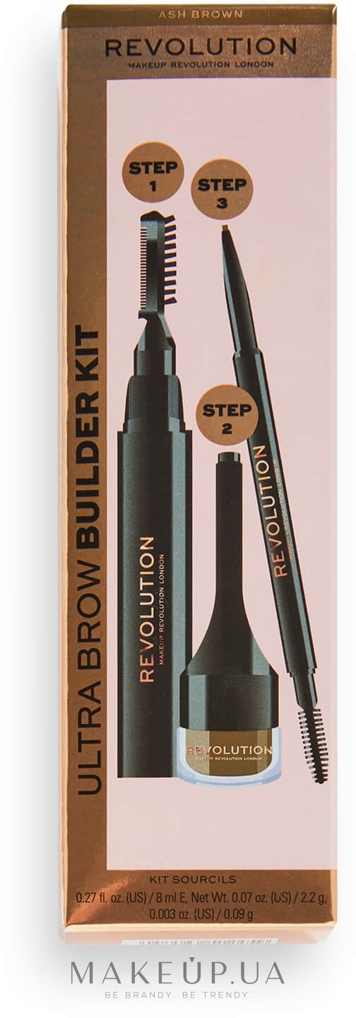 Набір - Makeup Revolution Ultra Brow Builder Kit (wax/8ml + brow/pomade/2,2g + eye/crayon/0,09g) — фото Ash Brown