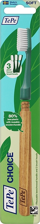Зубна екощітка з дерев'яною ручкою та трьома насадками, зелена - TePe Choice Soft Toothbrush — фото N1
