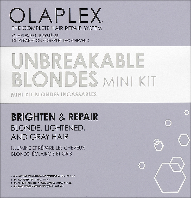 Набор - Olaplex Unbeakable Blondes Mini Kit (elixir/40ml + elixir/30ml + shm/20ml + mask/20ml) — фото N1