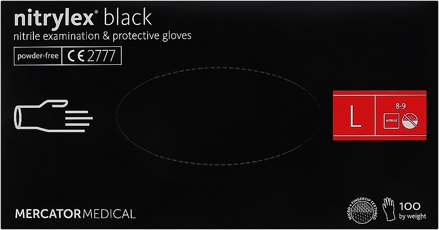 Рукавички нітрилові, оглядові, чорні, розмір L - Mercator Medical Nitrylex Black — фото N1