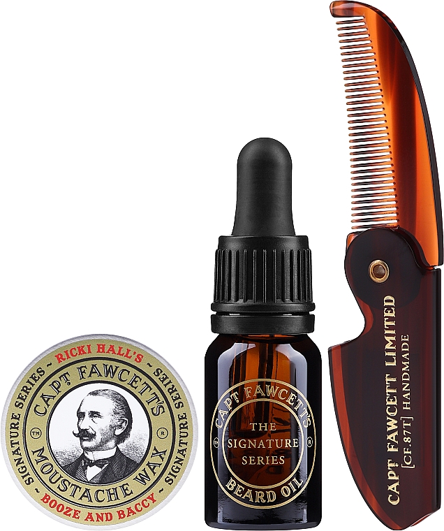 Набор - Captain Fawcett Ricki Hall's Booze & Baccy Grooming Survival Kit (oil/10ml + wax/15ml + comb/1pcs) — фото N2