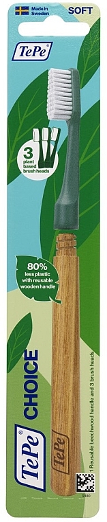 Зубная экощетка с деревянной ручкой и тремя насадками, зеленая - TePe Choice Soft Toothbrush — фото N3