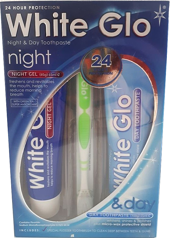 Набор с зеленой зубной щеткой - White Glo Night & Day Toothpaste (t/paste/65ml + t/gel/65ml + toothbrush) — фото N2