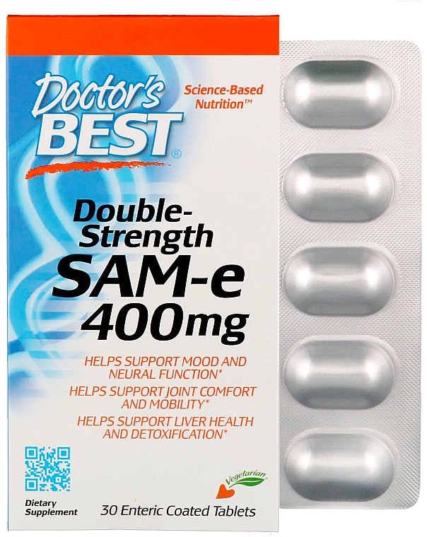 Аденозилметионін SAM-e, 400 мг, таблетки - Doctor's Best Double Strength — фото N1