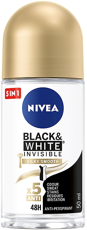 Дезодорант кульковий антиперспірант "Ніжність шовку" - NIVEA Black & White Invisible Silky Smooth Deodorant Roll-on — фото N1