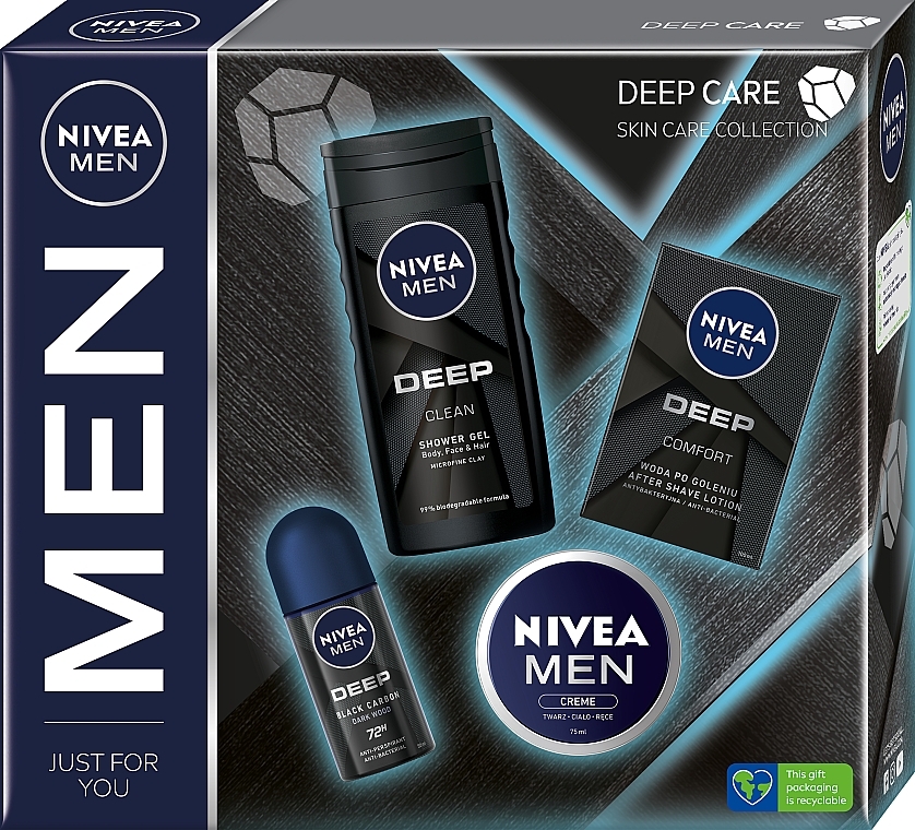 Набір - NIVEA MEN Deep Care (deo/50ml + cr/75ml + sh/gel/250ml + ash/lot/100ml) — фото N1