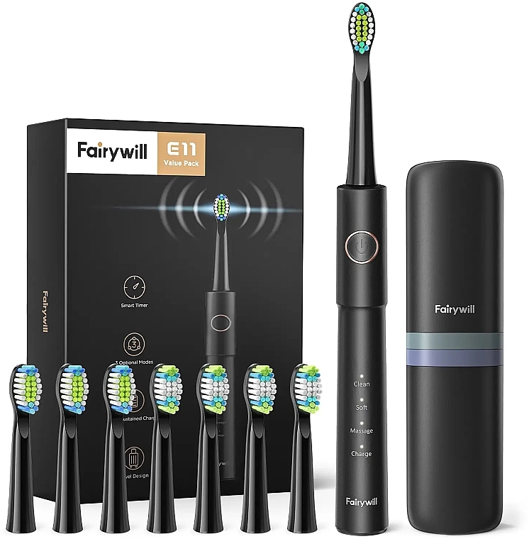 Электрическая зубная щетка, черная - Fairywill E11 Black Electric Toothbrush With 8 Bursh Heads & Travel Case — фото N1