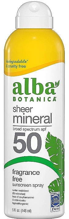 Минеральный солнцезащитный спрей SPF 50 - Alba Botanica Sheer Sheer Mineral Sunscreen SpraySPF 50 — фото N1