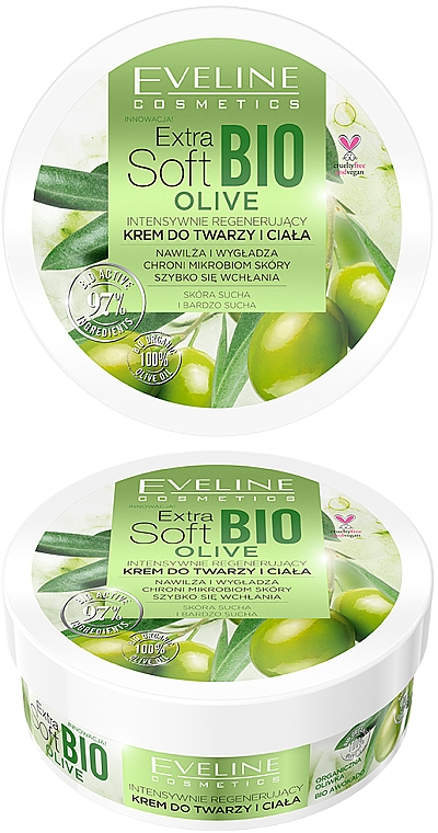 Заспокійливий крем з алое вера для обличчя й тіла - Eveline Cosmetics Extra Soft BIO Olive