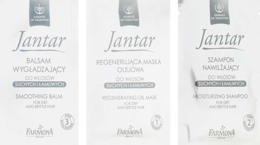 Набір для пошкодженого волосся - Farmona Jantar Hot Treatment For Dry And Brittle Hair (h/mask/17ml + shmp/15ml + balm/5ml + cap) — фото N2