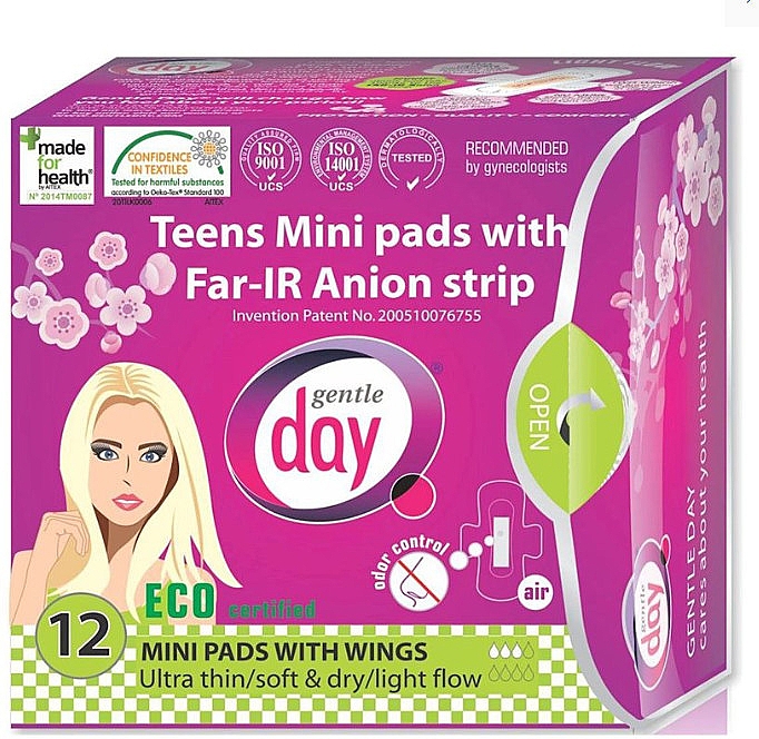 Мини-прокладки для подростков, 12 шт. - Gentle Day Teens Mini Pads With Far-Ir Anion Strip — фото N1