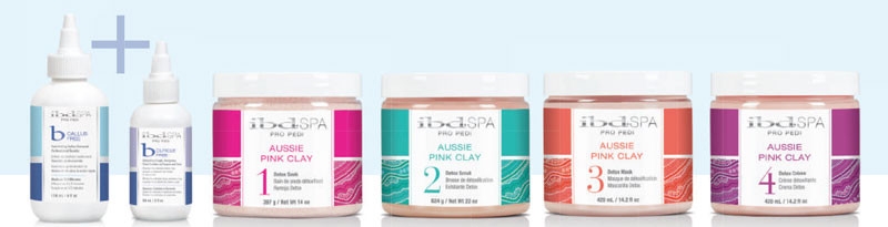 Набор для рук и ног с розовой глиной - IBD Aussie Pink Clay Detox Intro Kit (soak/397g + scr/624g + mask/420ml + cr/420ml + cuticle/free/59ml + callus/free/118ml) — фото N2