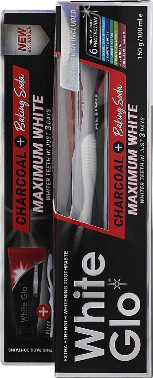 Набор Maximum White , с бело-серой щеткой - White Glo Charcoal + Baking Soda Maximum White Set (t/paste/100ml + t/brush/1pc + dental/flosser) — фото N1