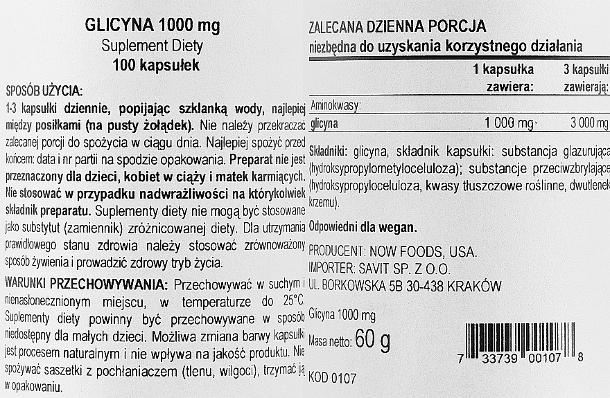 Аминокислота "Глицин", 1000 мг - Now Foods Glycine — фото N2