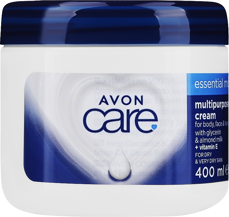 Багатофункціональний зволожувальний крем для обличчя, рук і тіла з гліцерином, мигдалевим молочком і вітаміном Е - Avon Care Essential Moisture Multiporpose Cream — фото N1